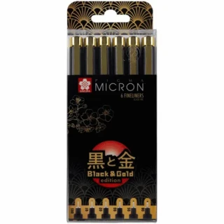 Cienkopisy kreślarskie Pigma Micron Black&Gold Edition zestaw 6 sztuk, Sakura